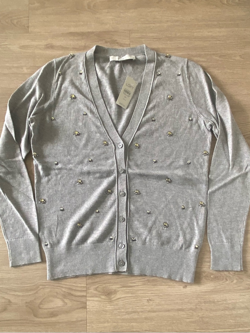 NWT - LOFT Petite Embellished Gray V-Neck Cardigan Sweater